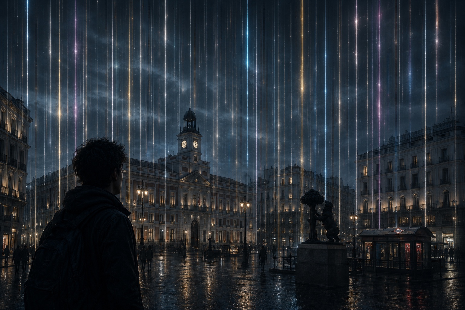 Madrid bajo la lluvia atravesado por hilos de luz