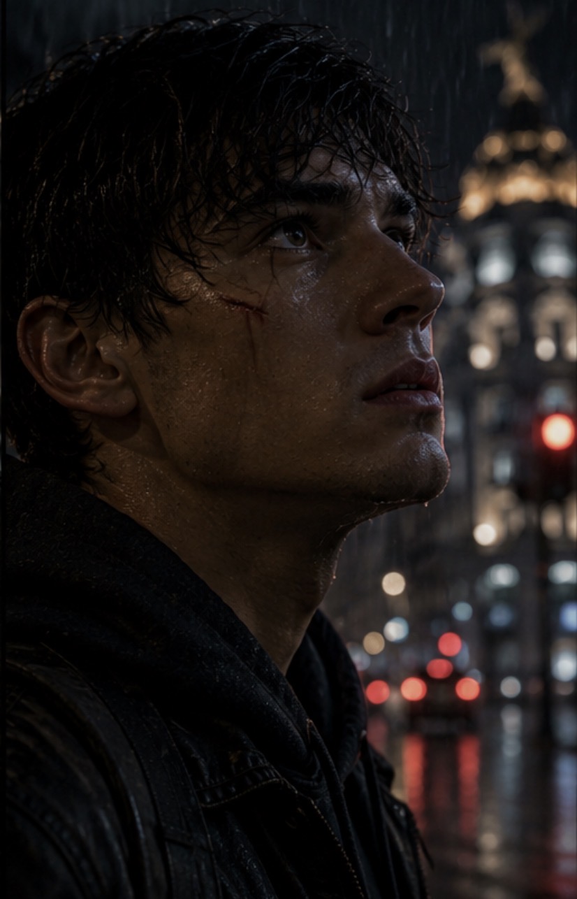 Mati bajo la lluvia mirando hacia una señal imposible